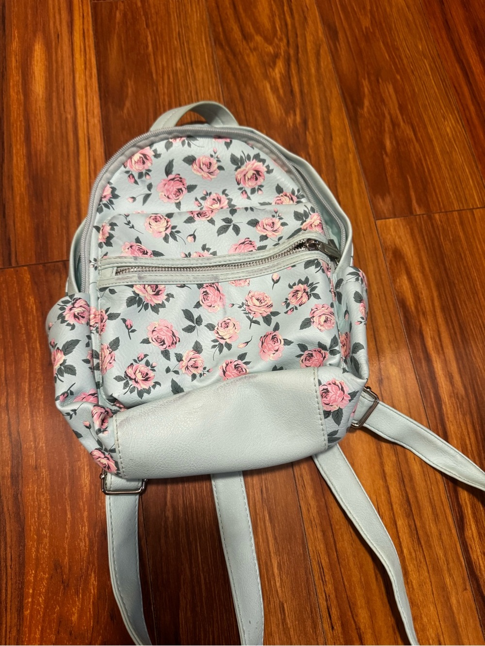 Floral Mini Backpack in Light Blue with Pink Roses